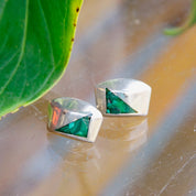 Vintage TAXCO Sterling Silver Mosaic Malachite Stud Earrings, Modernist Silver & Green Stone Earrings, Small Geometric Earrings, 925