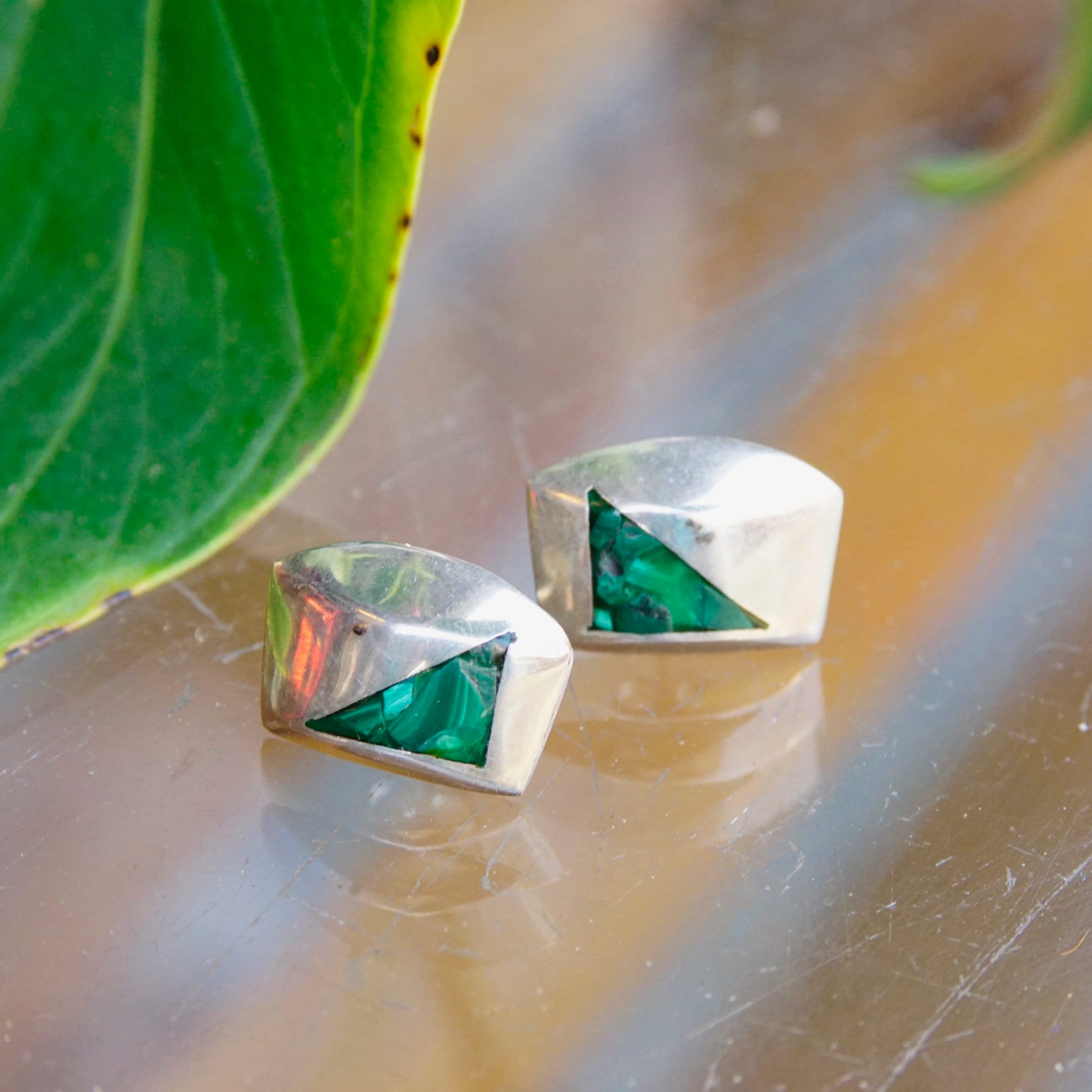 Vintage TAXCO Sterling Silver Mosaic Malachite Stud Earrings, Modernist Silver & Green Stone Earrings, Small Geometric Earrings, 925