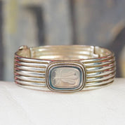 Rare Vintage SLANE & SLANE Sterling Silver Intaglio Bee Hinge Bracelet, Thick Silver Bangle With Carved Quartz Stone, Designer Jewelry, 925