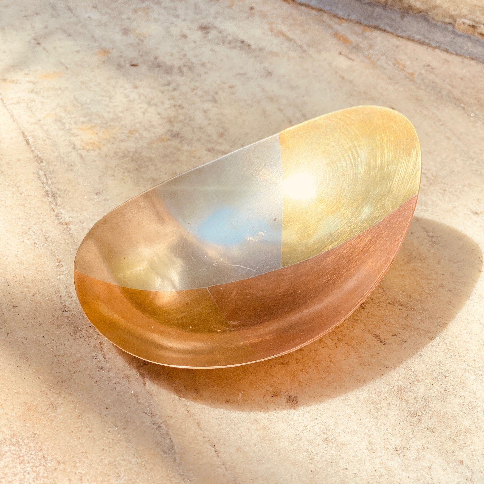 Vintage E. Cabello Mixed Metals Brass Copper Silver Footed Dish, Modernist Catchall, Small Oblong Multi-Color Bowl, C.A Mexico, 5.5" L