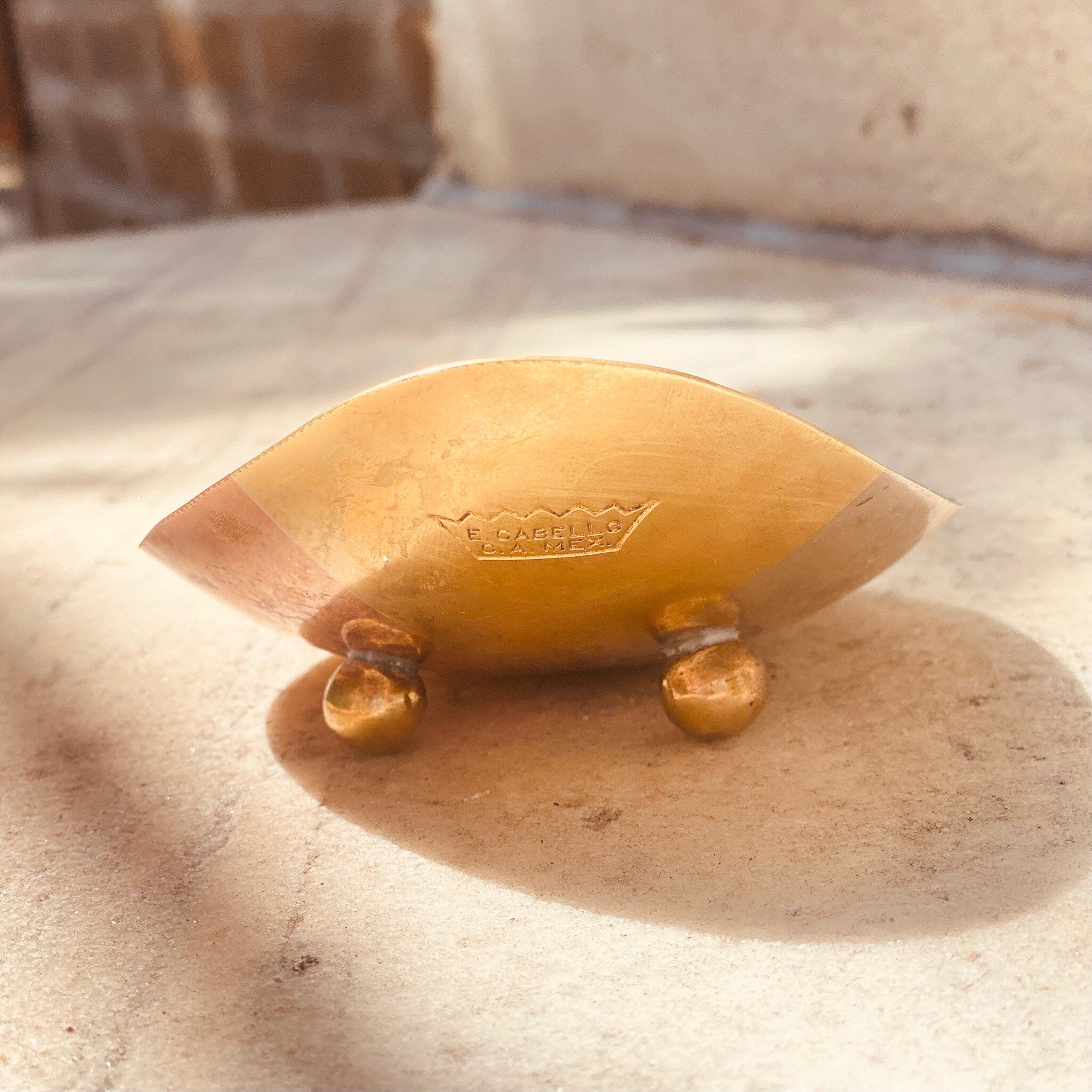 Vintage E. Cabello Mixed Metals Brass Copper Silver Footed Dish, Modernist Catchall, Small Oblong Multi-Color Bowl, C.A Mexico, 5.5" L