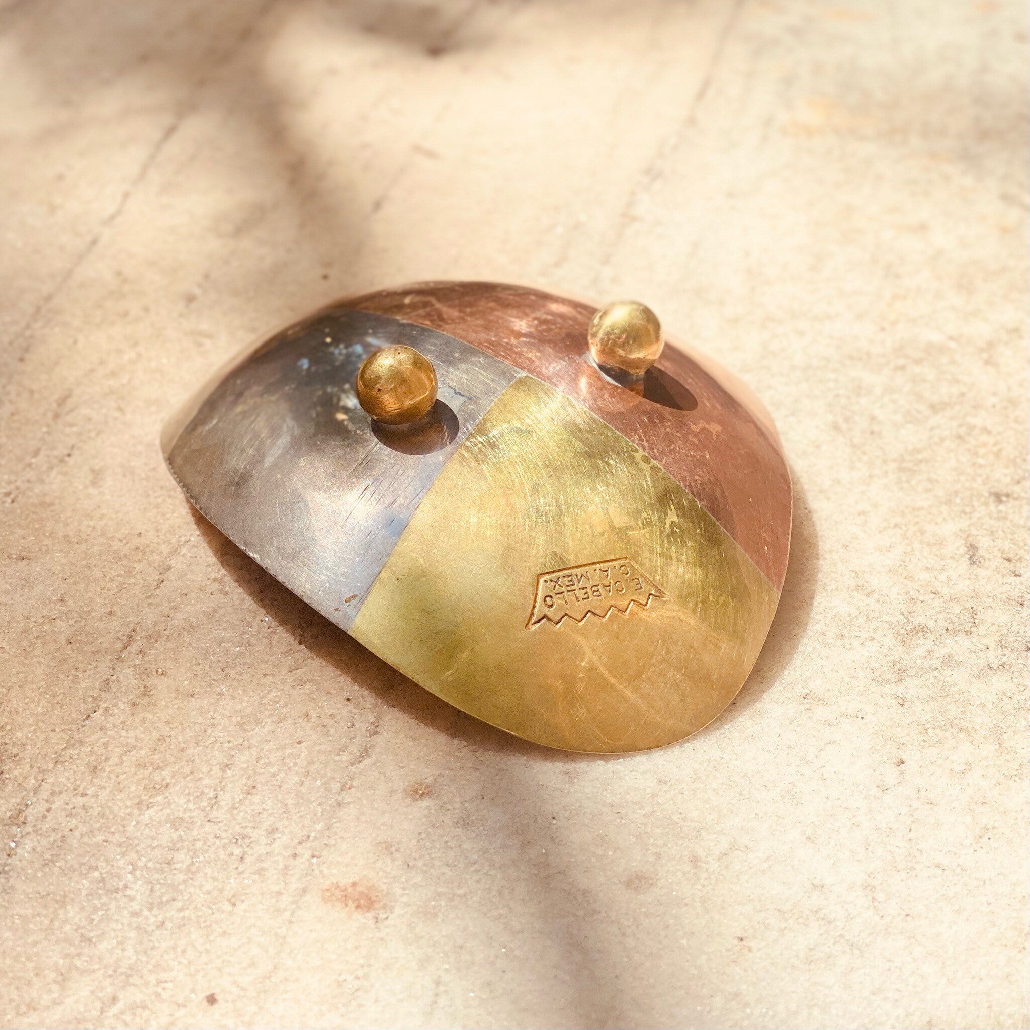 Vintage E. Cabello Mixed Metals Brass Copper Silver Footed Dish, Modernist Catchall, Small Oblong Multi-Color Bowl, C.A Mexico, 5.5" L