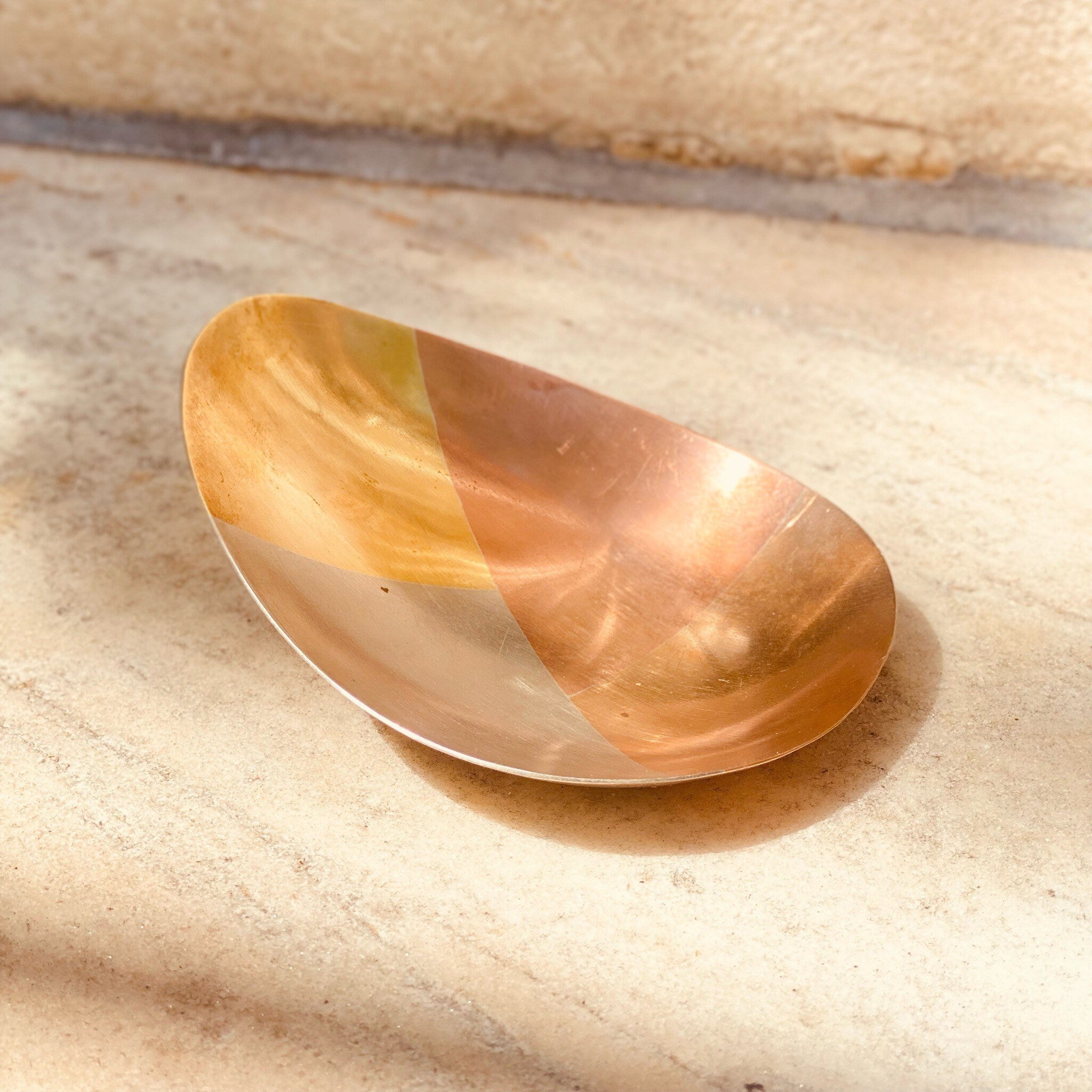 Vintage E. Cabello Mixed Metals Brass Copper Silver Footed Dish, Modernist Catchall, Small Oblong Multi-Color Bowl, C.A Mexico, 5.5" L