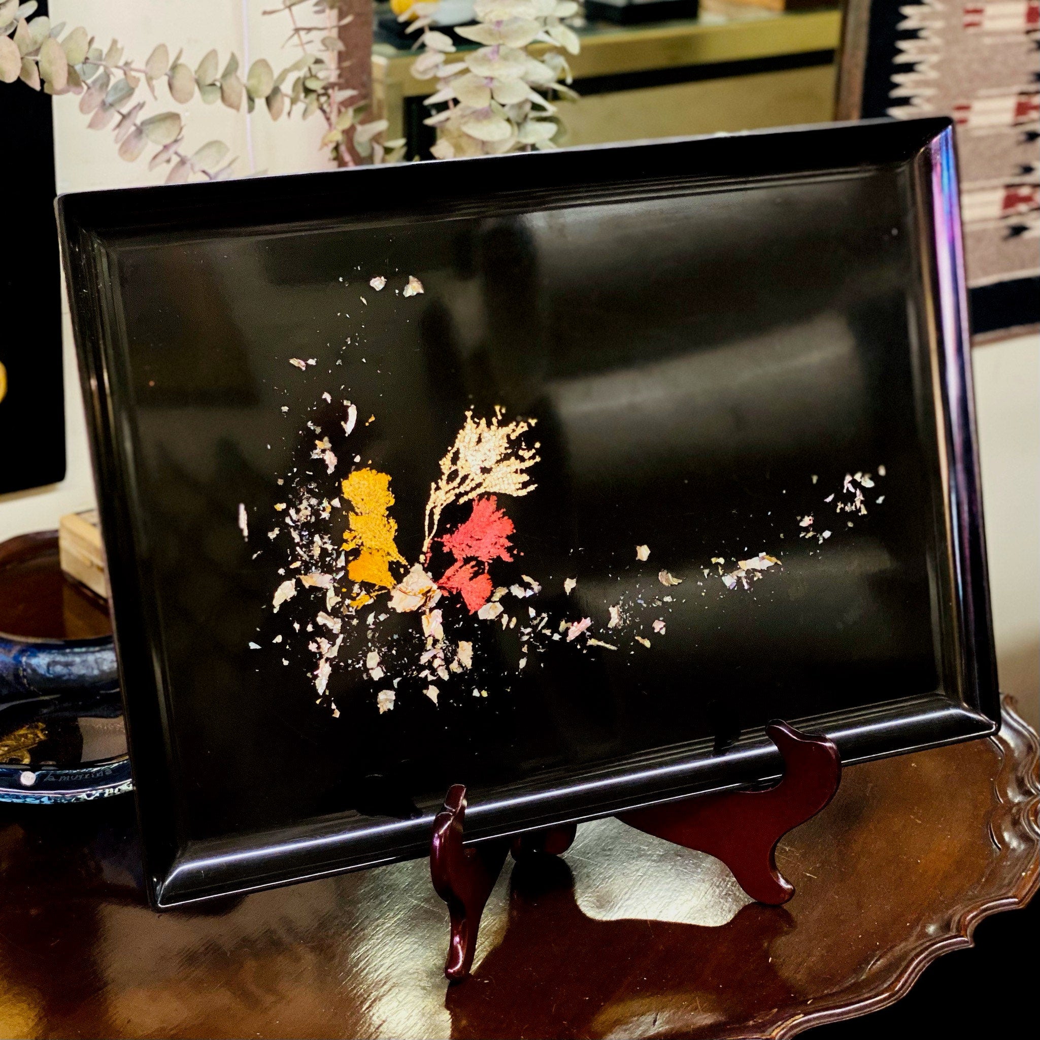 Vintage Couroc Abstract Plastic Serving Tray, Abalone, Coral & Seaweed Inlay, Large Black Tray With Iridescent Design, Monterrey California