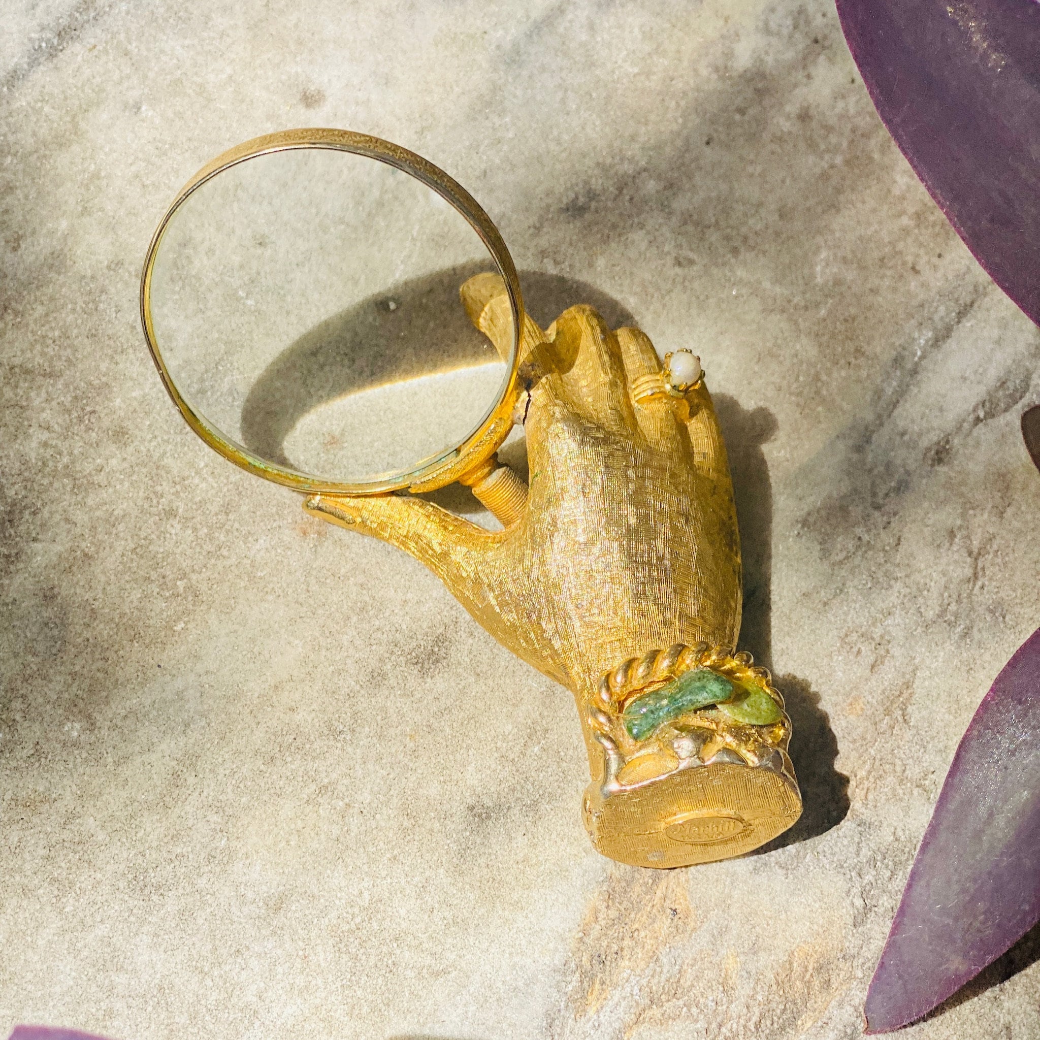 Vintage Marhill USA Textured Gold Tone Magnifying Glass, Ornate Gold Hand With Pearl Ring and Jadeite Bracelet, Unique Tchotchke