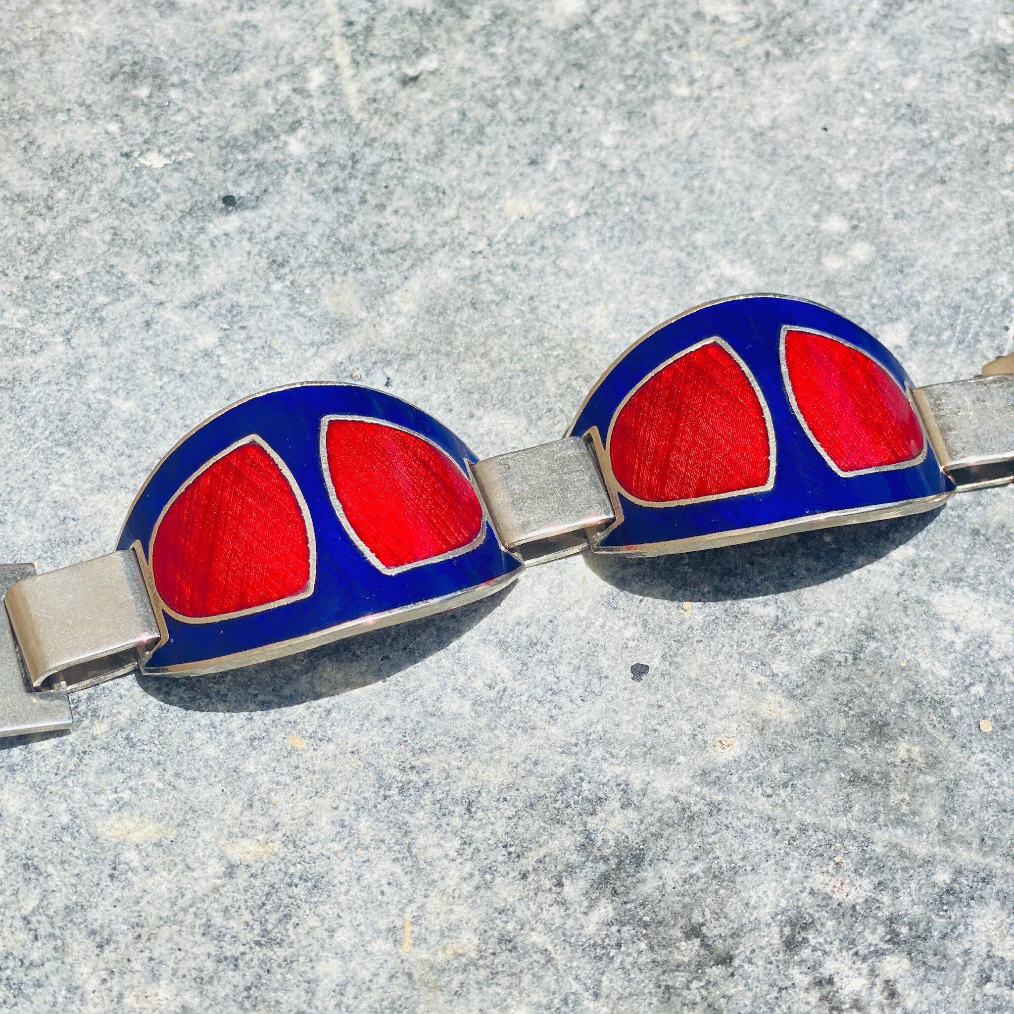 Vintage Italian Enamel Silver Buckle Bracelet, 1960's Gucci Style/Replication Red & Blue Enamel Link Bracelet, Modernist Jewelry, Adjustable