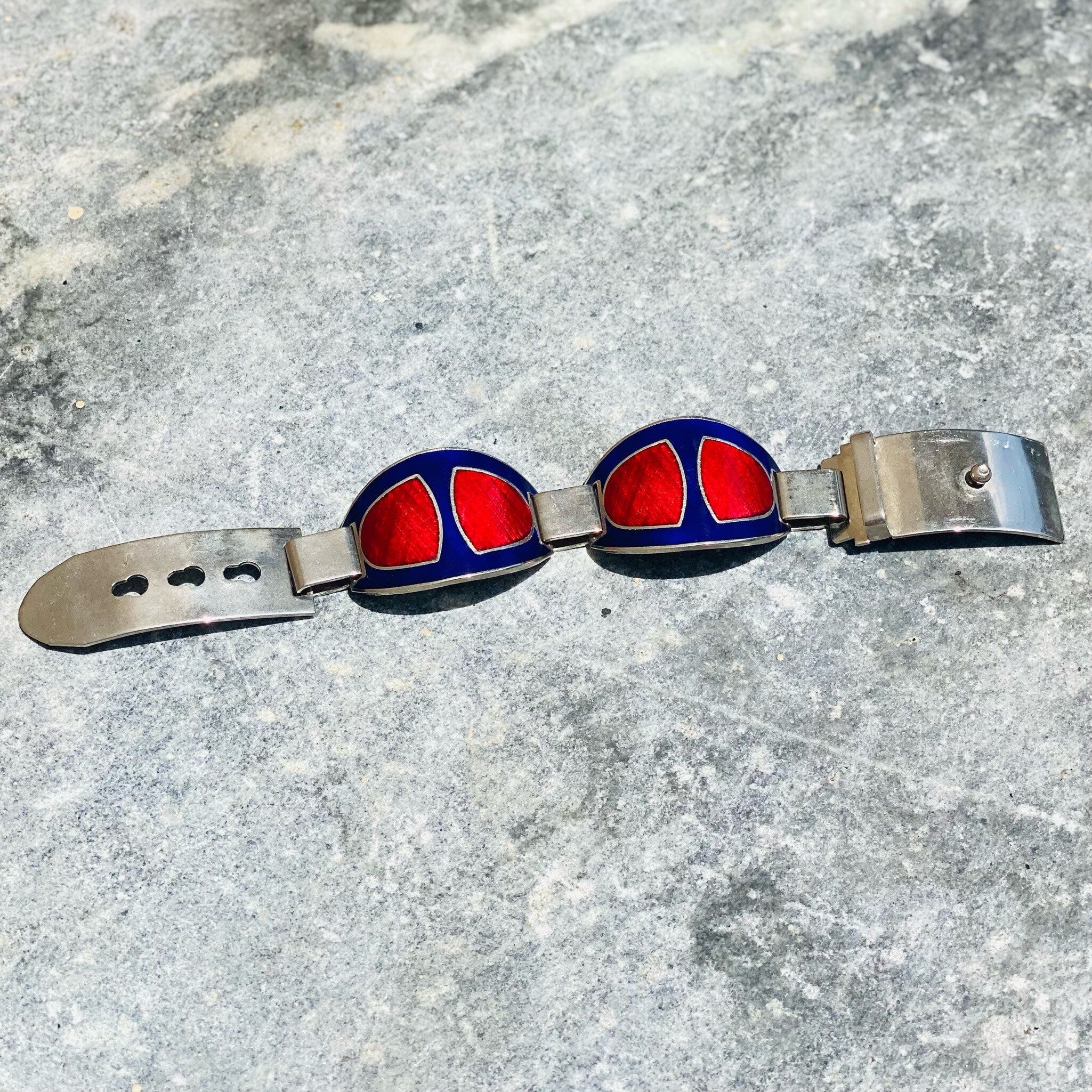 Replication Red & Blue Enamel Link Bracelet, Modernist Jewelry, Adjustable