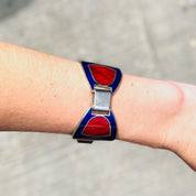 Vintage Italian Enamel Silver Buckle Bracelet, 1960's Gucci Style/Replication Red & Blue Enamel Link Bracelet, Modernist Jewelry, Adjustable