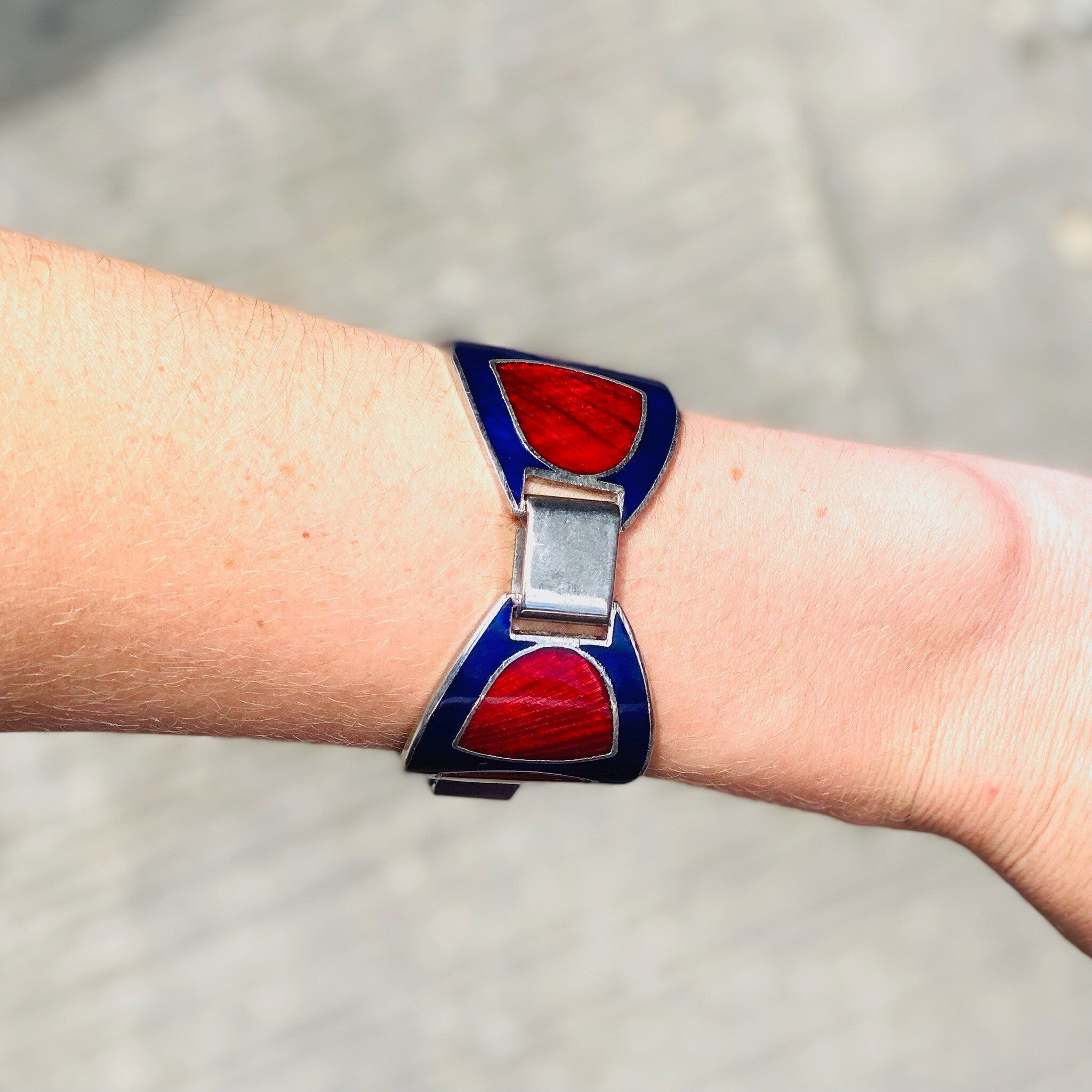 Vintage Italian Enamel Silver Buckle Bracelet, 1960's Gucci Style/Replication Red & Blue Enamel Link Bracelet, Modernist Jewelry, Adjustable
