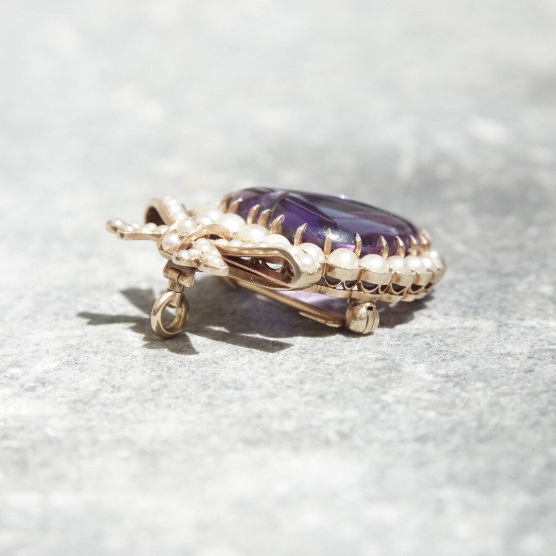 Victorian 14K Gold Pearl Seed Amethyst Heart Pendant/Brooch, Large Heart-Shaped Amethyst Stone, Gold Ribbon Bow, Antique Edwardian