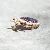 Victorian 14K Gold Pearl Seed Amethyst Heart Pendant/Brooch, Large Heart-Shaped Amethyst Stone, Gold Ribbon Bow, Antique Edwardian