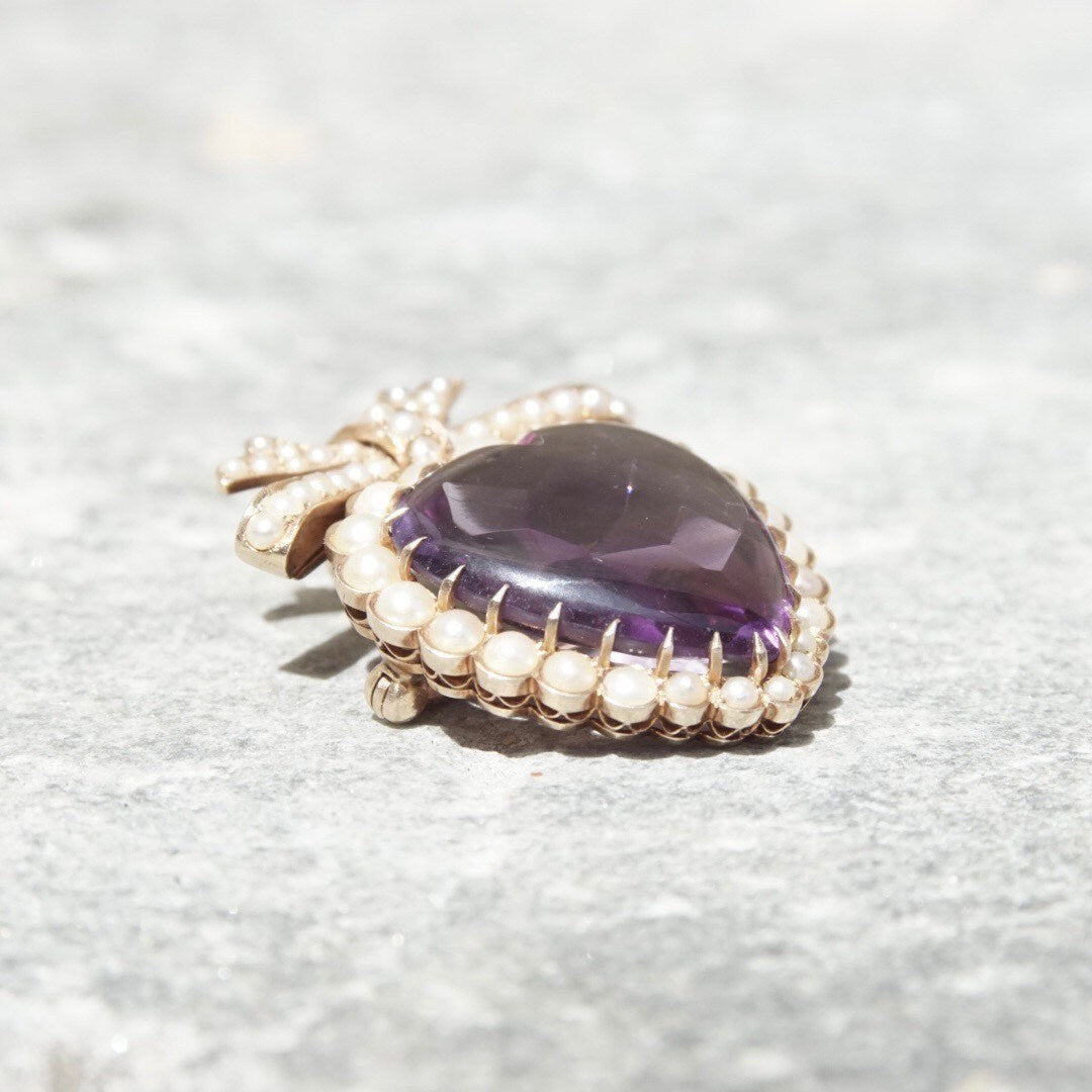 Victorian 14K Gold Pearl Seed Amethyst Heart Pendant/Brooch, Large Heart-Shaped Amethyst Stone, Gold Ribbon Bow, Antique Edwardian