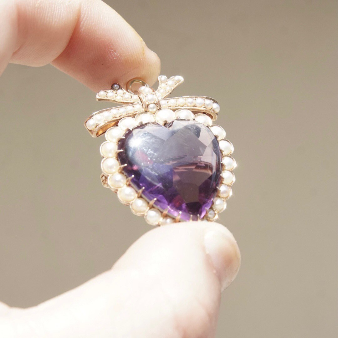 Victorian 14K Gold Pearl Seed Amethyst Heart Pendant/Brooch, Large Heart-Shaped Amethyst Stone, Gold Ribbon Bow, Antique Edwardian