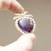 Victorian 14K Gold Pearl Seed Amethyst Heart Pendant/Brooch, Large Heart-Shaped Amethyst Stone, Gold Ribbon Bow, Antique Edwardian