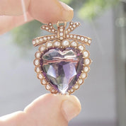 Victorian 14K Gold Pearl Seed Amethyst Heart Pendant/Brooch, Large Heart-Shaped Amethyst Stone, Gold Ribbon Bow, Antique Edwardian