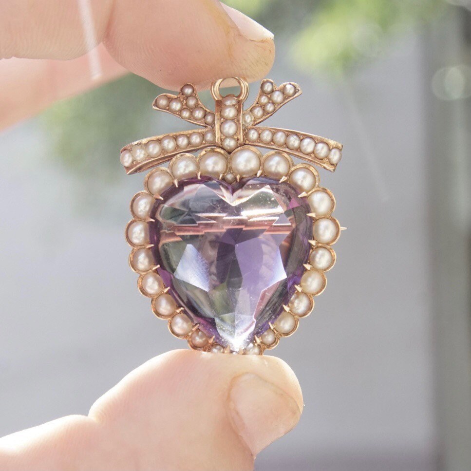 Victorian 14K Gold Pearl Seed Amethyst Heart Pendant/Brooch, Large Heart-Shaped Amethyst Stone, Gold Ribbon Bow, Antique Edwardian