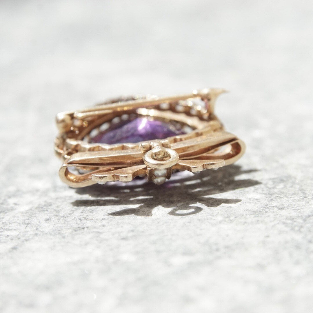 Victorian 14K Gold Pearl Seed Amethyst Heart Pendant/Brooch, Large Heart-Shaped Amethyst Stone, Gold Ribbon Bow, Antique Edwardian