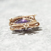 Victorian 14K Gold Pearl Seed Amethyst Heart Pendant/Brooch, Large Heart-Shaped Amethyst Stone, Gold Ribbon Bow, Antique Edwardian