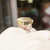 Vintage 14K Gold Citrine Cocktail Ring, Large Prong-Set Yellow Citrine Stone, Oval Cut, Woven Yellow Gold Band With Leaf Design, 6 1/4 US
