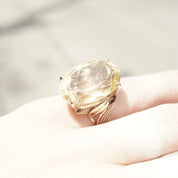 Vintage 14K Gold Citrine Cocktail Ring, Large Prong-Set Yellow Citrine Stone, Oval Cut, Woven Yellow Gold Band With Leaf Design, 6 1/4 US