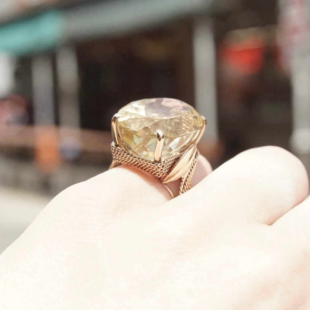 Vintage 14K Gold Citrine Cocktail Ring, Large Prong-Set Yellow Citrine Stone, Oval Cut, Woven Yellow Gold Band With Leaf Design, 6 1/4 US