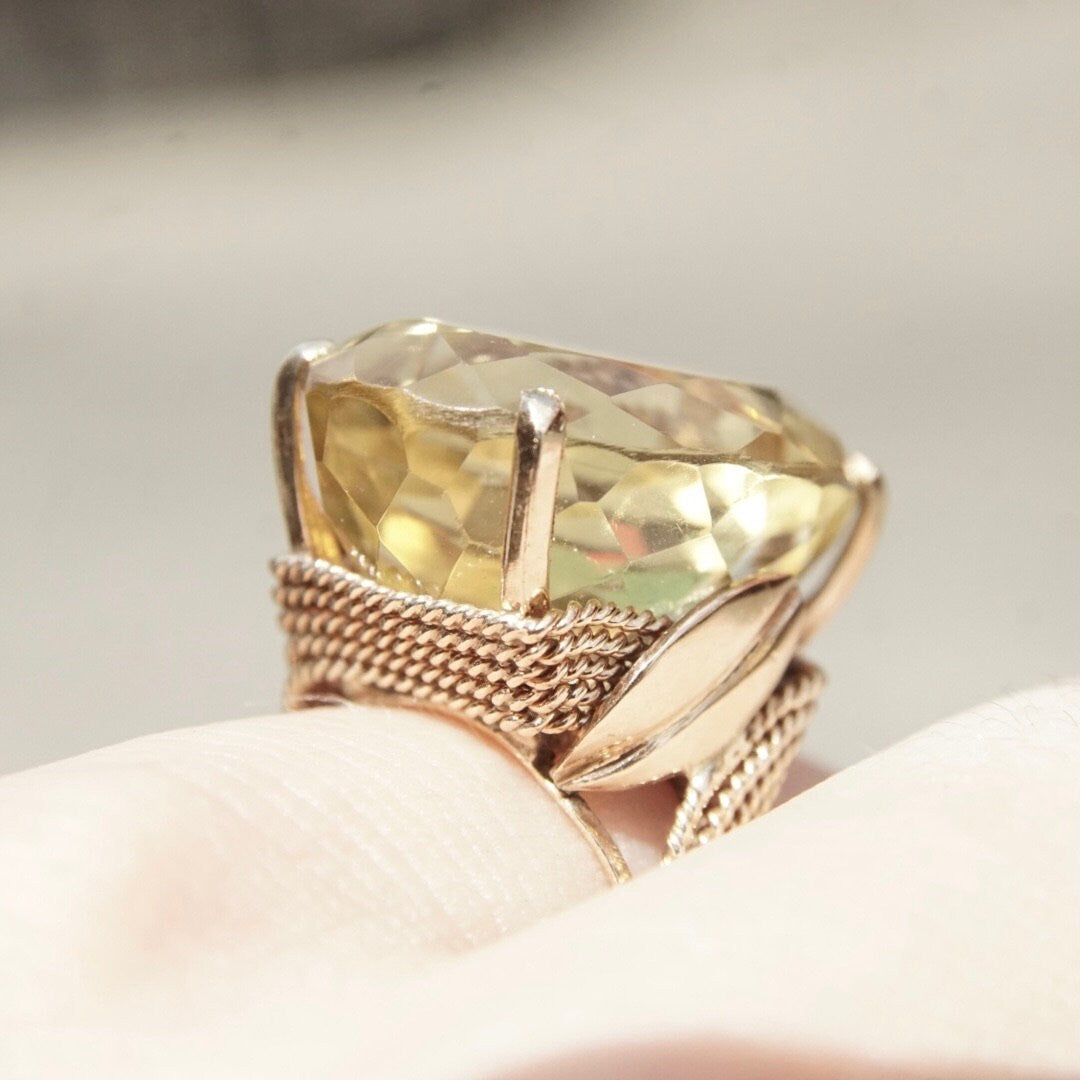 Vintage 14K Gold Citrine Cocktail Ring, Large Prong-Set Yellow Citrine Stone, Oval Cut, Woven Yellow Gold Band With Leaf Design, 6 1/4 US