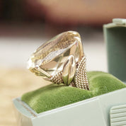 Vintage 14K Gold Citrine Cocktail Ring, Large Prong-Set Yellow Citrine Stone, Oval Cut, Woven Yellow Gold Band With Leaf Design, 6 1/4 US