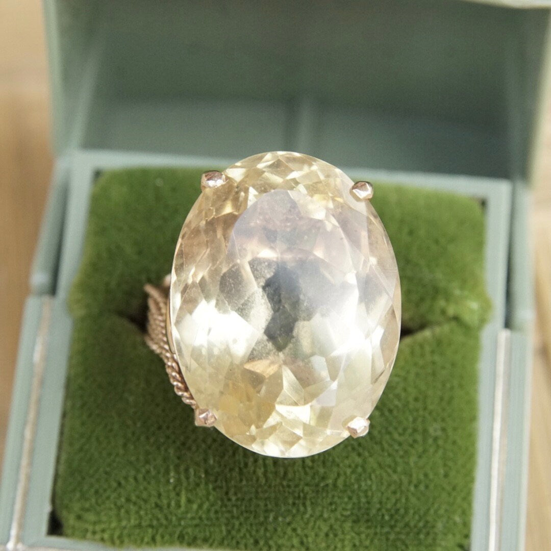 Vintage 14K Gold Citrine Cocktail Ring, Large Prong-Set Yellow Citrine Stone, Oval Cut, Woven Yellow Gold Band With Leaf Design, 6 1/4 US