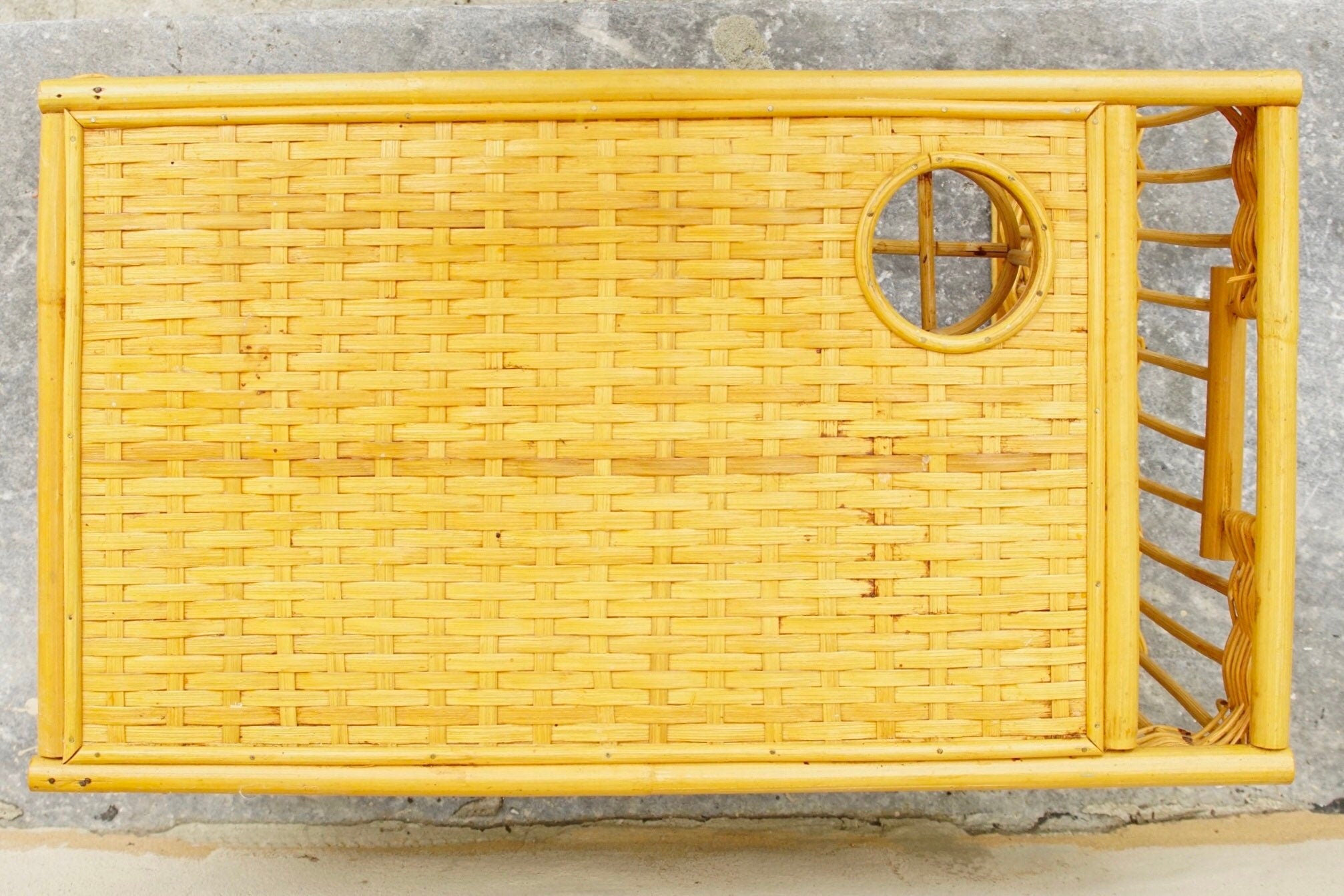 Vintage Natural Bamboo Rattan Bed Tray With Cup Holder & Storage Compartment, Cute/Functional Breakfast In Bed Lap Tray, Boho Chic