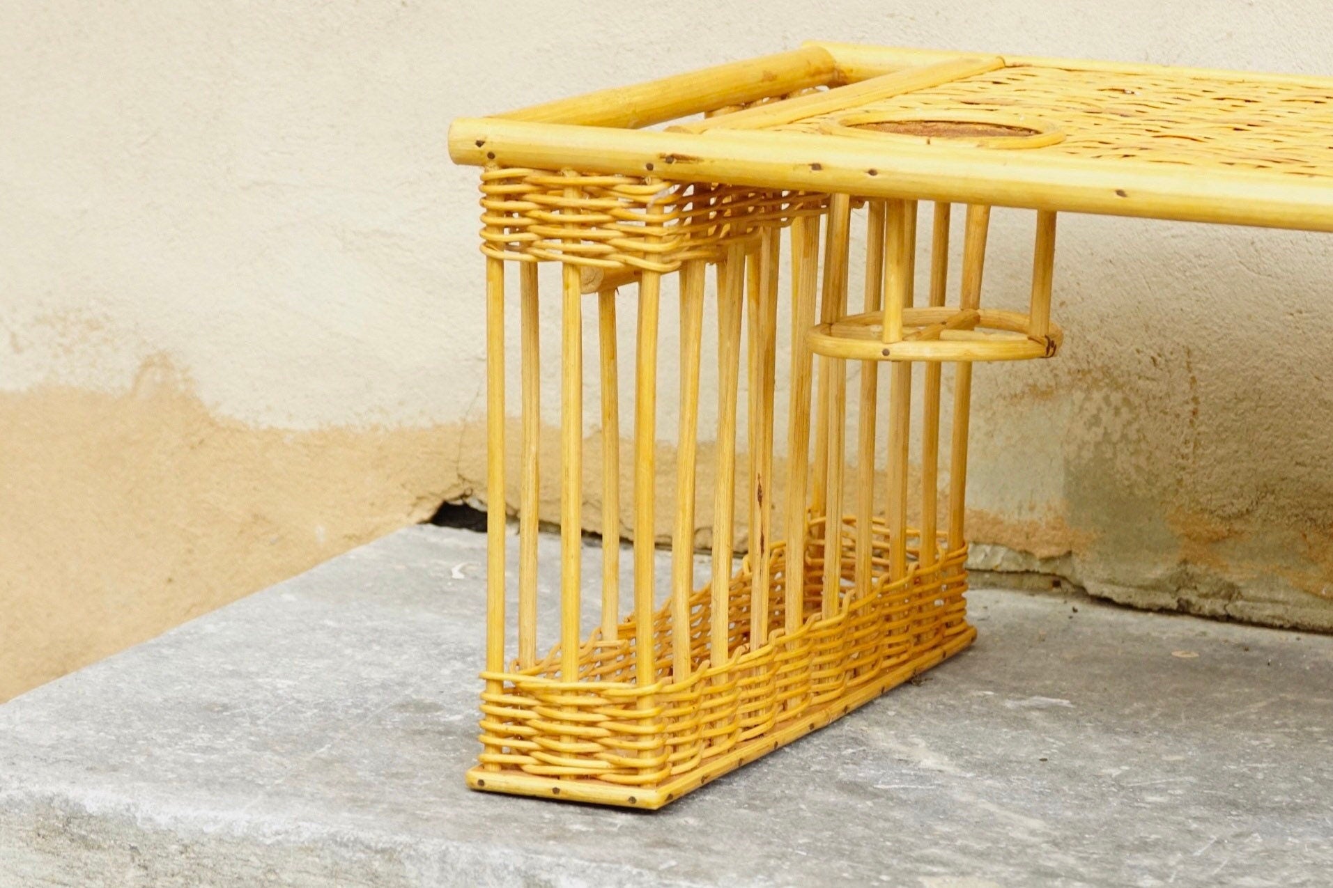 Vintage Natural Bamboo Rattan Bed Tray With Cup Holder & Storage Compartment, Cute/Functional Breakfast In Bed Lap Tray, Boho Chic
