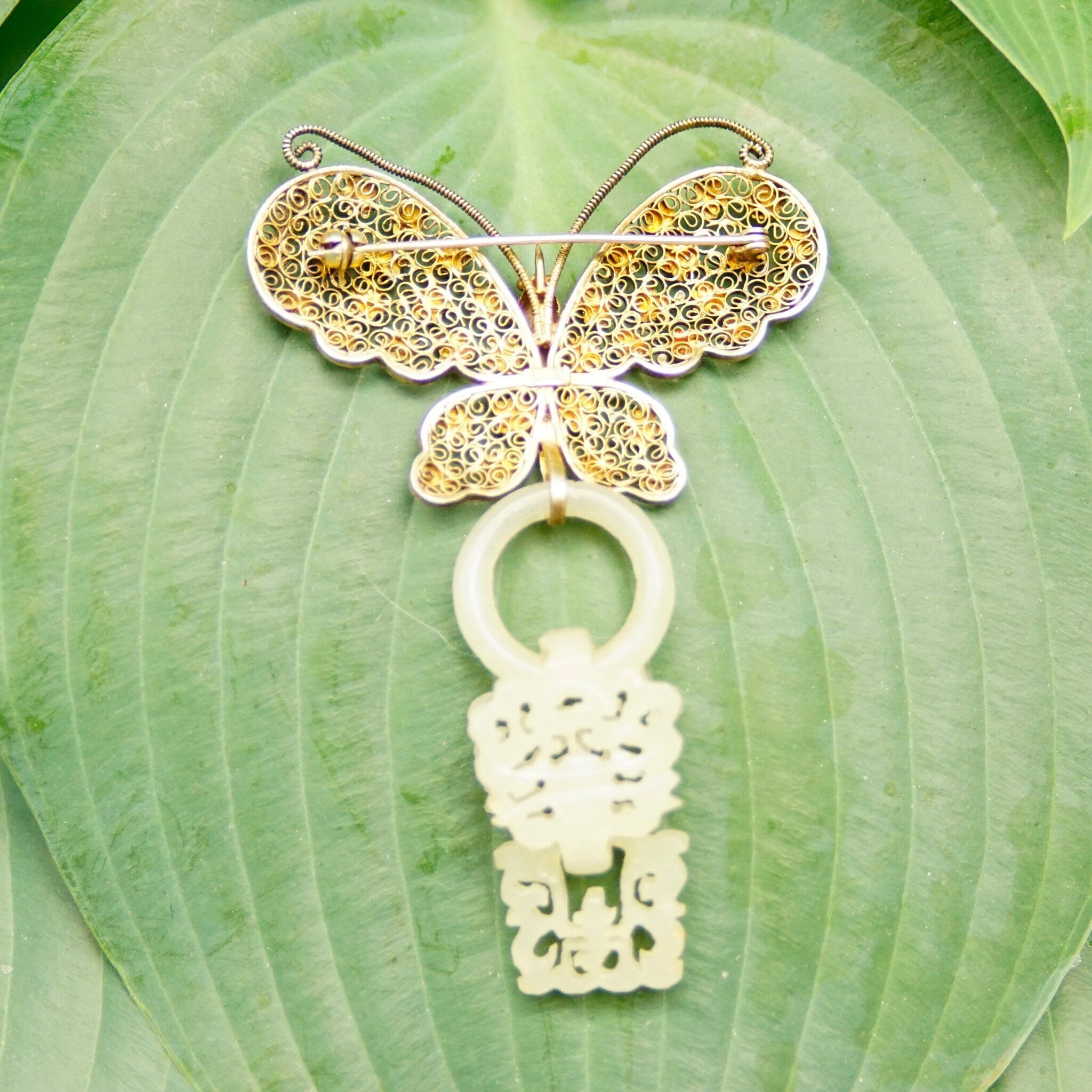 Antique Chinese Silver Filigree Devils Work Nephrite Jade Butterfly Brooch, Gold Wash Silver Enamel Pin, Hand Carved Jade Wedding Basket