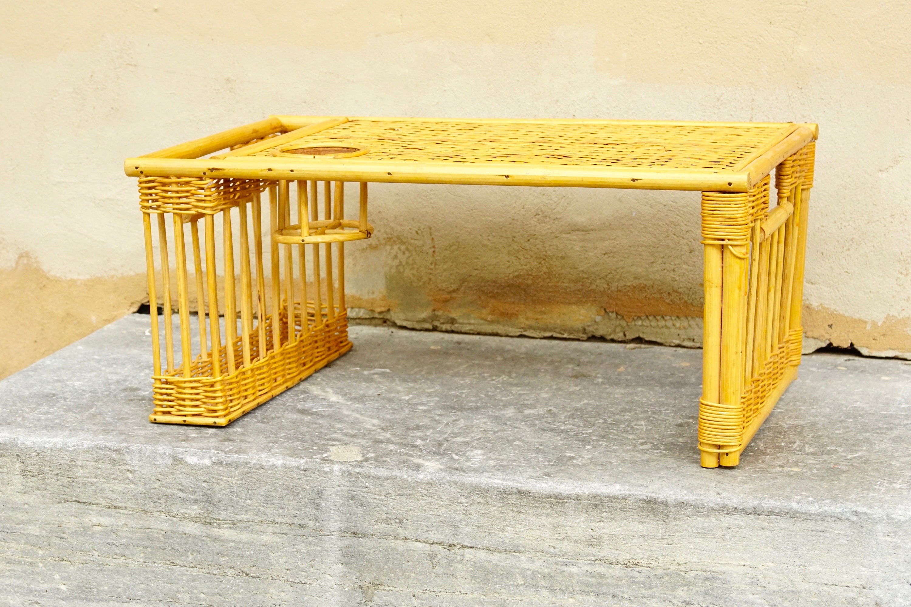 Vintage Natural Bamboo Rattan Bed Tray With Cup Holder & Storage Compartment, Cute/Functional Breakfast In Bed Lap Tray, Boho Chic