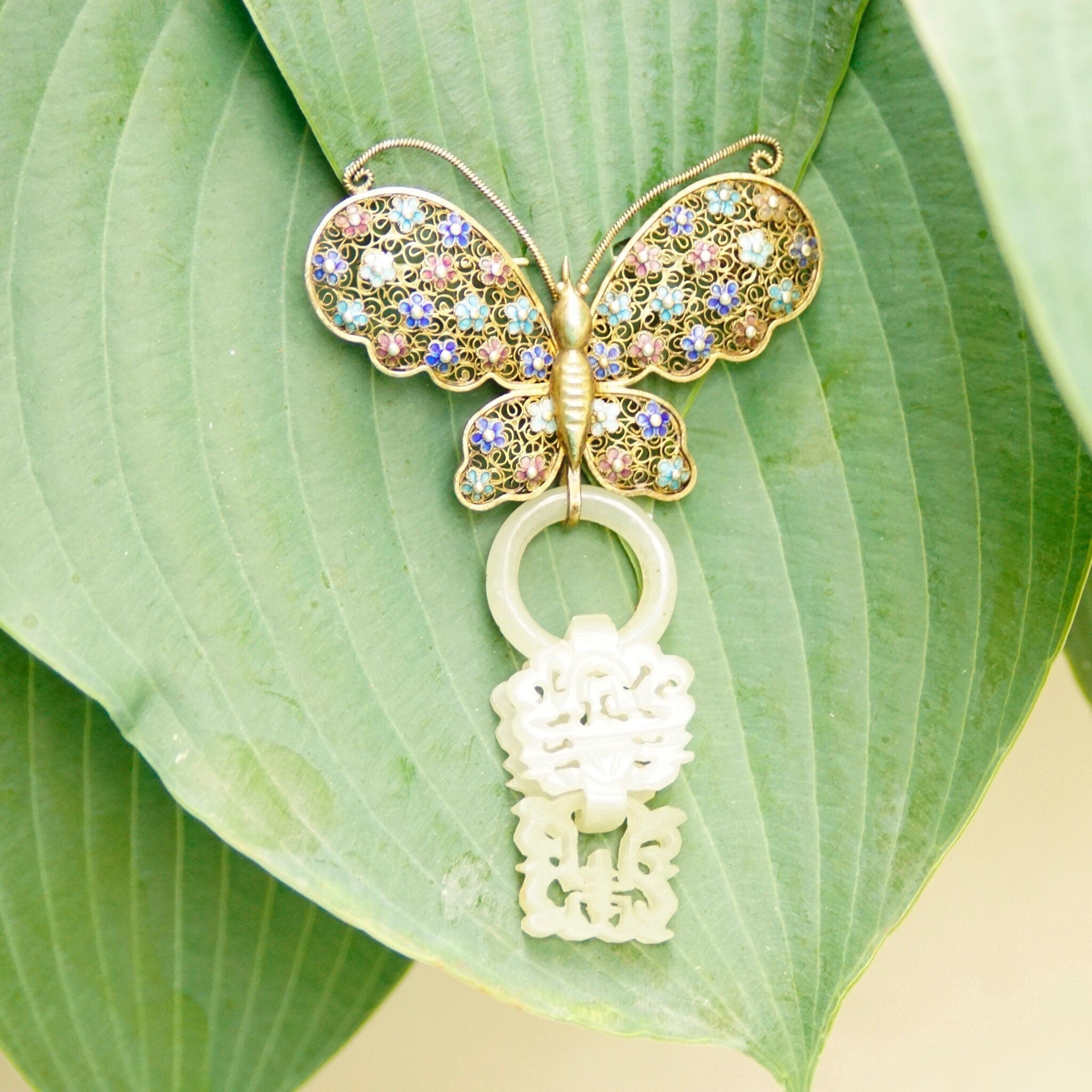 Antique Chinese Silver Filigree Devils Work Nephrite Jade Butterfly Brooch, Gold Wash Silver Enamel Pin, Hand Carved Jade Wedding Basket