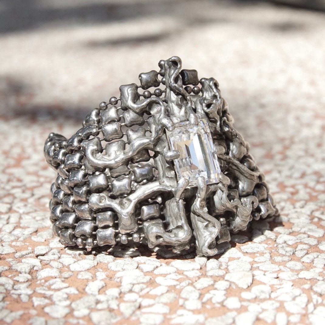 Vintage Rare Sergio Gutierrez Liquid Metal Swarovski Crystal Bracelet, Limited Edition, Mesh Bracelet, Emerald Cut Crystal, Haute Couture