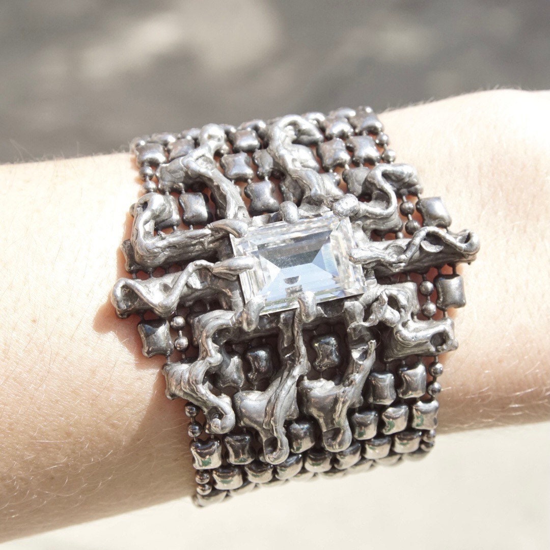Vintage Rare Sergio Gutierrez Liquid Metal Swarovski Crystal Bracelet, Limited Edition, Mesh Bracelet, Emerald Cut Crystal, Haute Couture