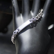 Vintage Sterling Silver Marcasite Engravable Plate Curb Chain Bracelet, 6mm Chain Bracelet, Accent Marcasite, Silver Monogram Plate, 7" L