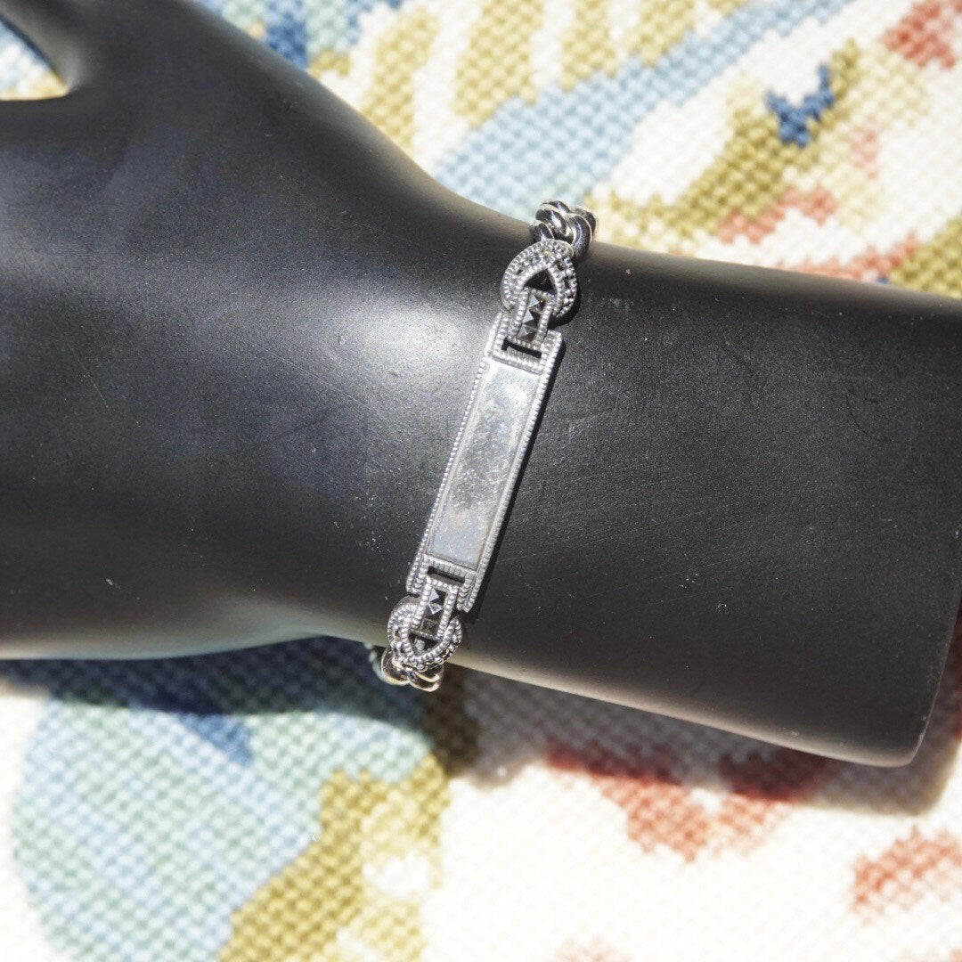 Vintage Sterling Silver Marcasite Engravable Plate Curb Chain Bracelet, 6mm Chain Bracelet, Accent Marcasite, Silver Monogram Plate, 7" L