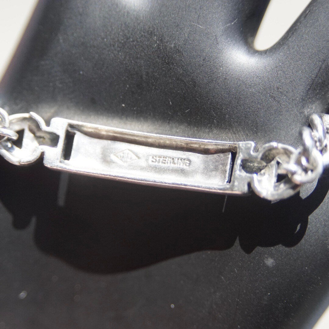 Vintage Sterling Silver Marcasite Engravable Plate Curb Chain Bracelet, 6mm Chain Bracelet, Accent Marcasite, Silver Monogram Plate, 7" L