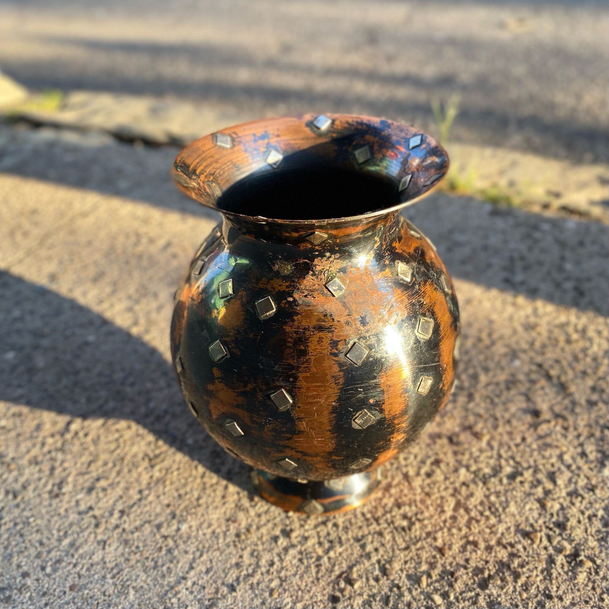 Vintage Israeli Blackened Copper & Silver Accent Vase, Oxidized Copper, Sterling Silver Diamonds, Unique Flower Vase, 8.5" H x 6" W