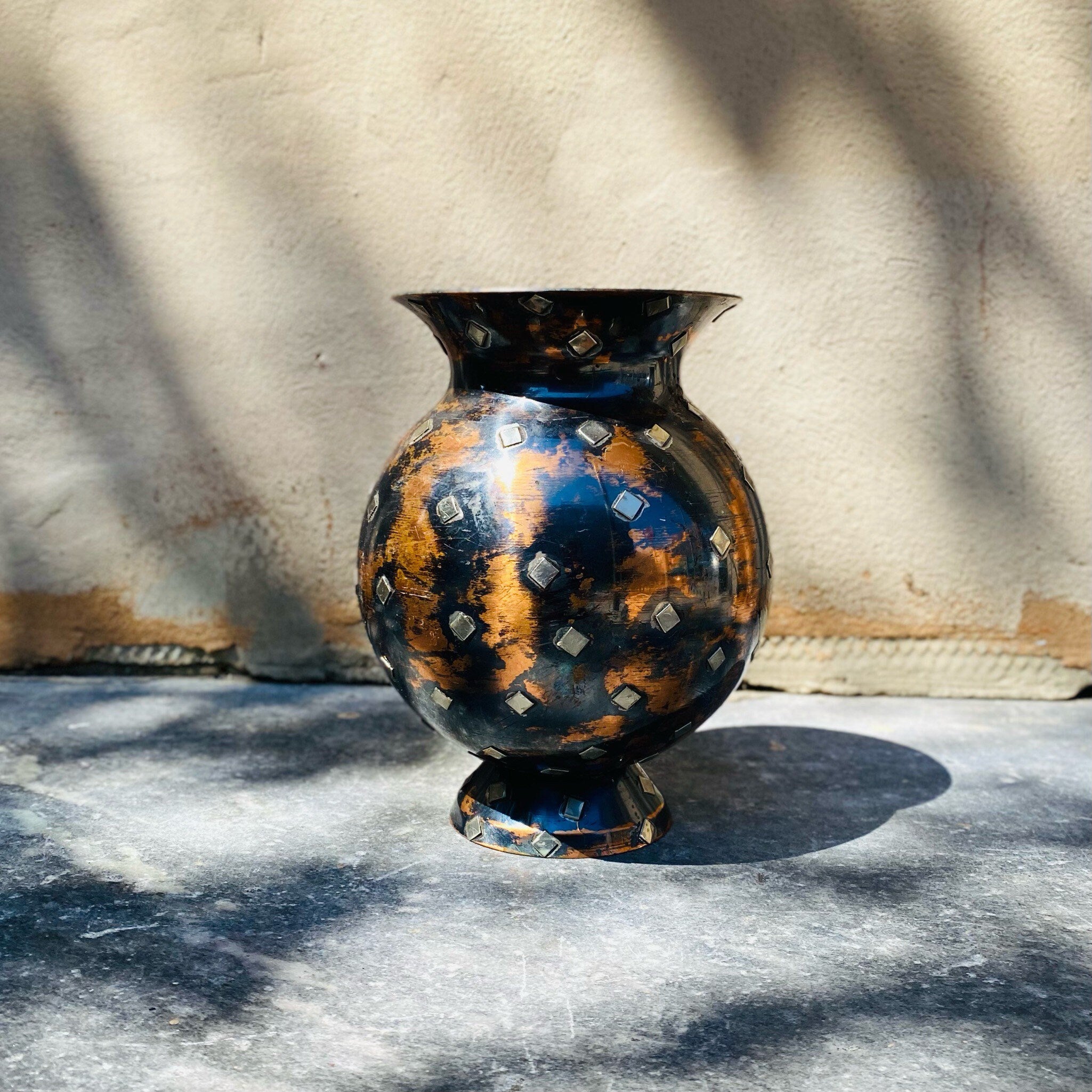 Vintage Israeli Blackened Copper & Silver Accent Vase, Oxidized Copper, Sterling Silver Diamonds, Unique Flower Vase, 8.5" H x 6" W