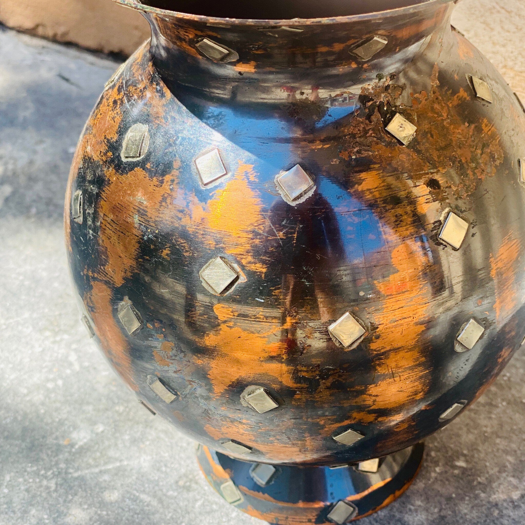 Vintage Israeli Blackened Copper & Silver Accent Vase, Oxidized Copper, Sterling Silver Diamonds, Unique Flower Vase, 8.5" H x 6" W