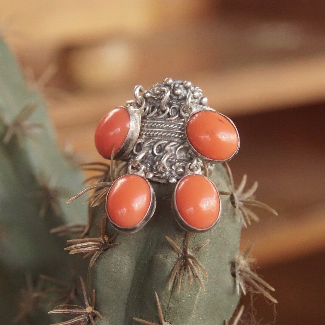 Orange Beads, Mexico 925, Adjustable Ring
