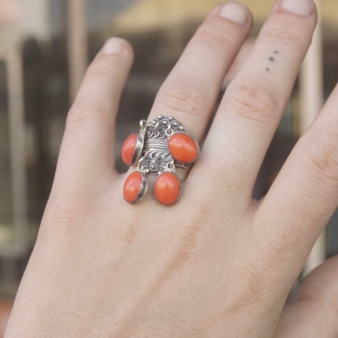 Orange Beads, Mexico 925, Adjustable Ring