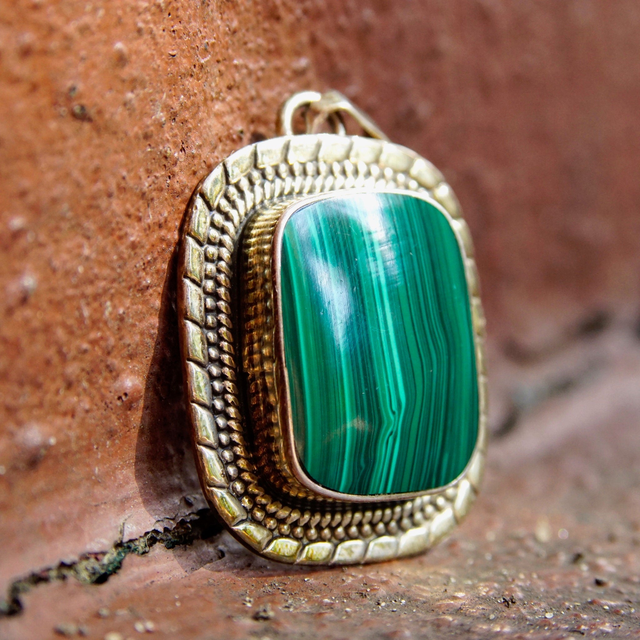 Vintage ATI Mexico Sterling Silver Malachite Pendant, Ornate Silver Frame With Bevel Set Stone, Banded Malachite, 925