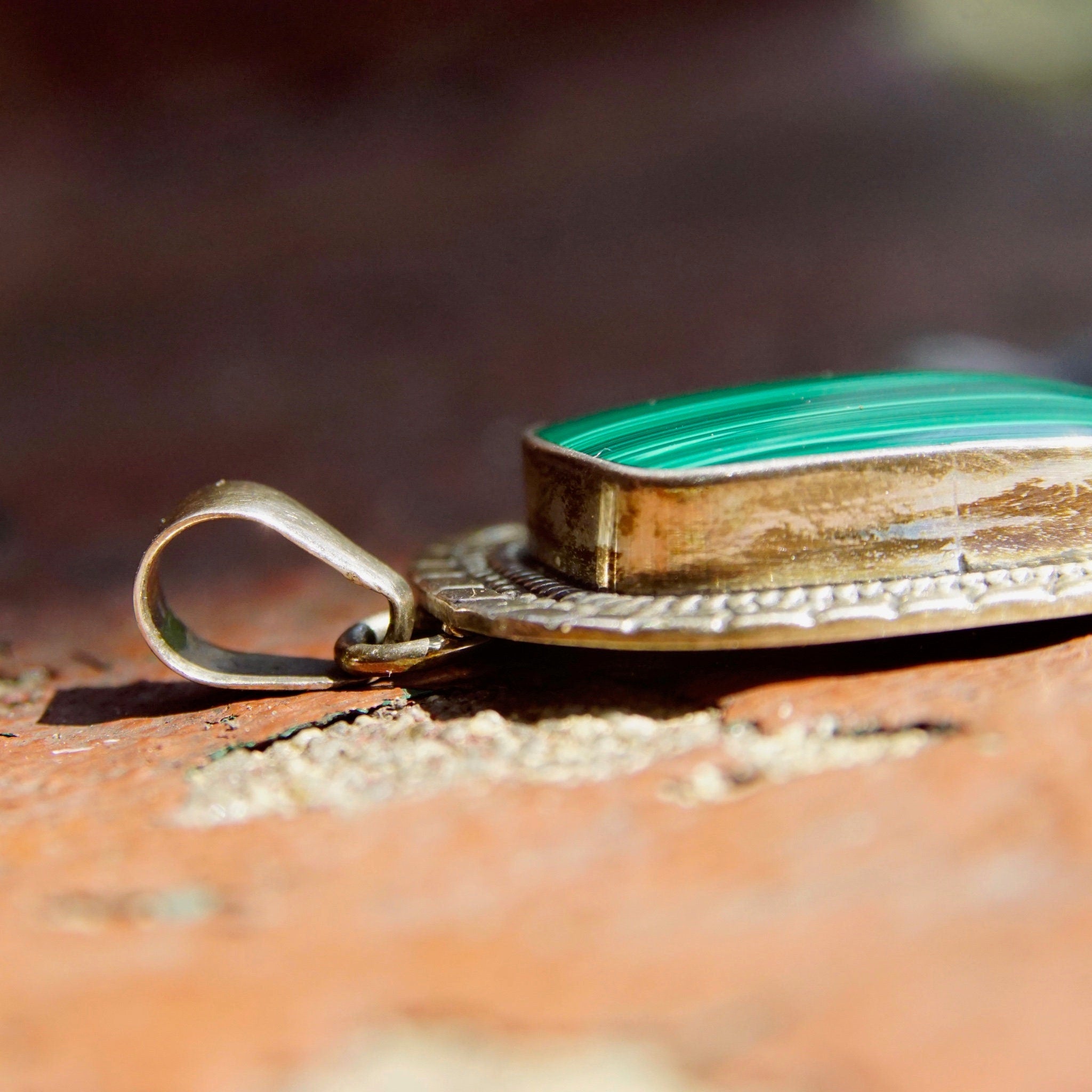 Vintage ATI Mexico Sterling Silver Malachite Pendant, Ornate Silver Frame With Bevel Set Stone, Banded Malachite, 925
