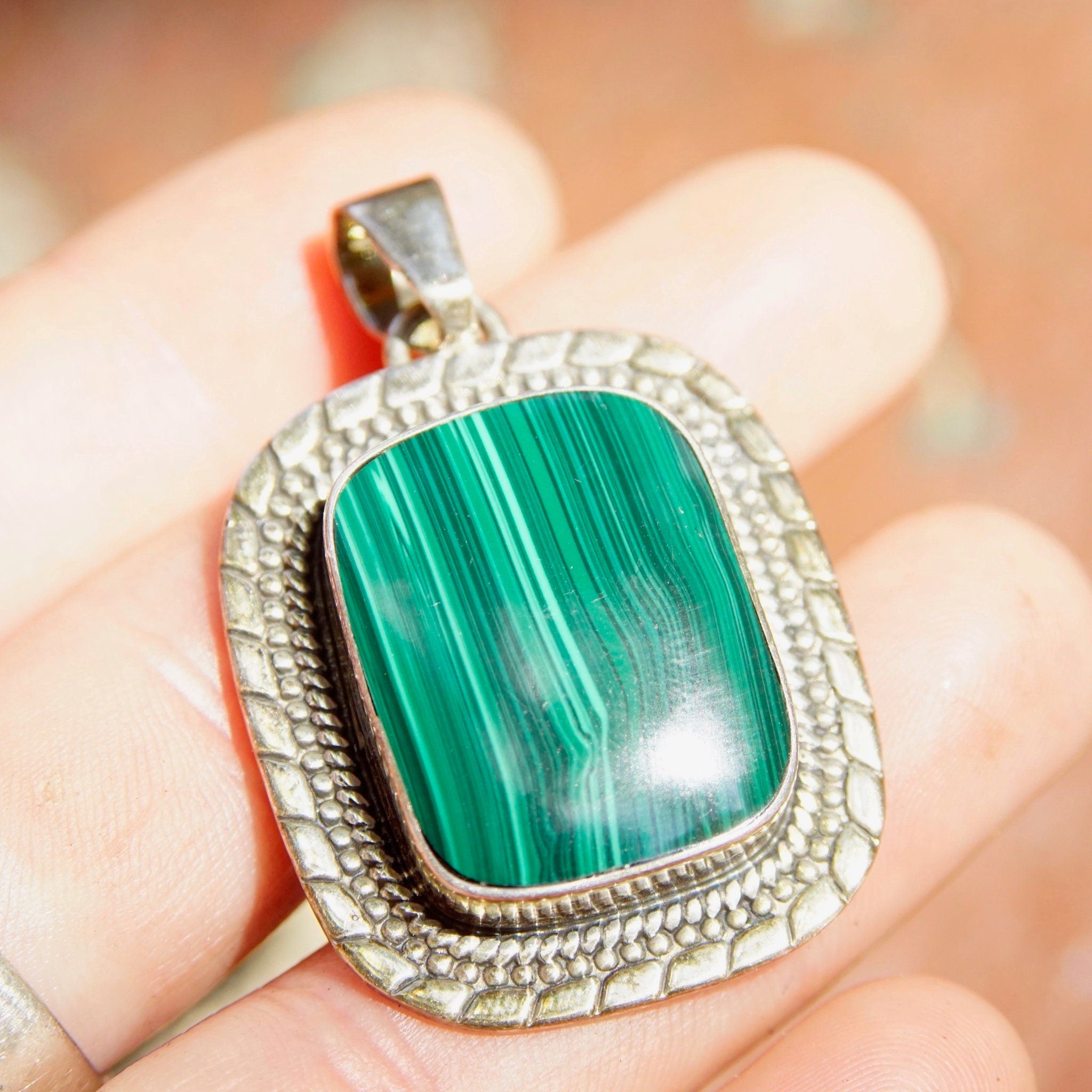 Vintage ATI Mexico Sterling Silver Malachite Pendant, Ornate Silver Frame With Bevel Set Stone, Banded Malachite, 925