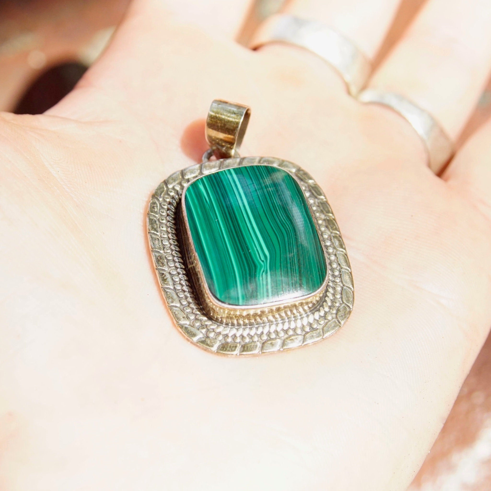Vintage ATI Mexico Sterling Silver Malachite Pendant, Ornate Silver Frame With Bevel Set Stone, Banded Malachite, 925