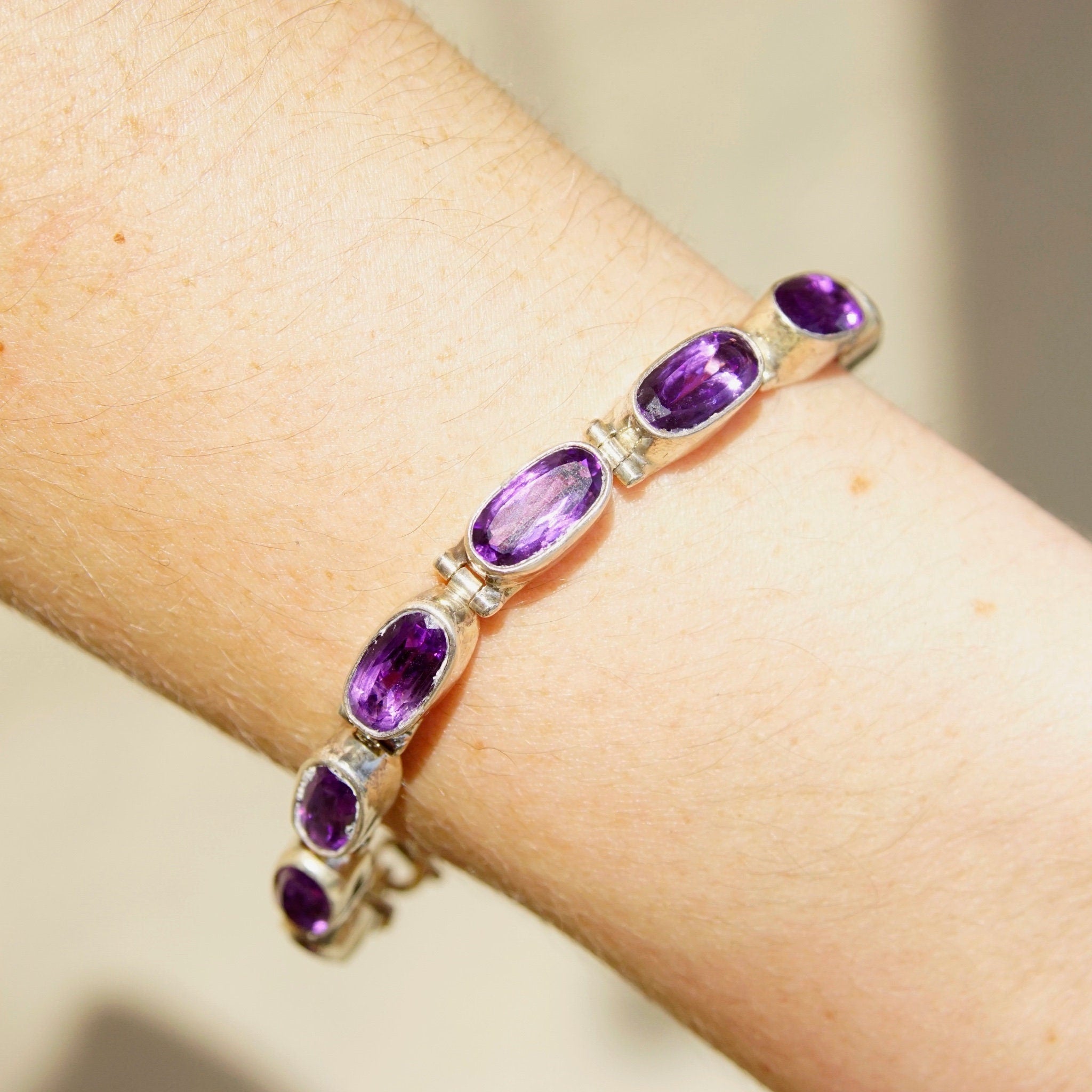 Vintage Sterling Silver Amethyst Tennis Bracelet, Oval Cut Amethyst Stones, Bezel Set Gemstone Bracelet, Signed INDO KC 925, 8" Long