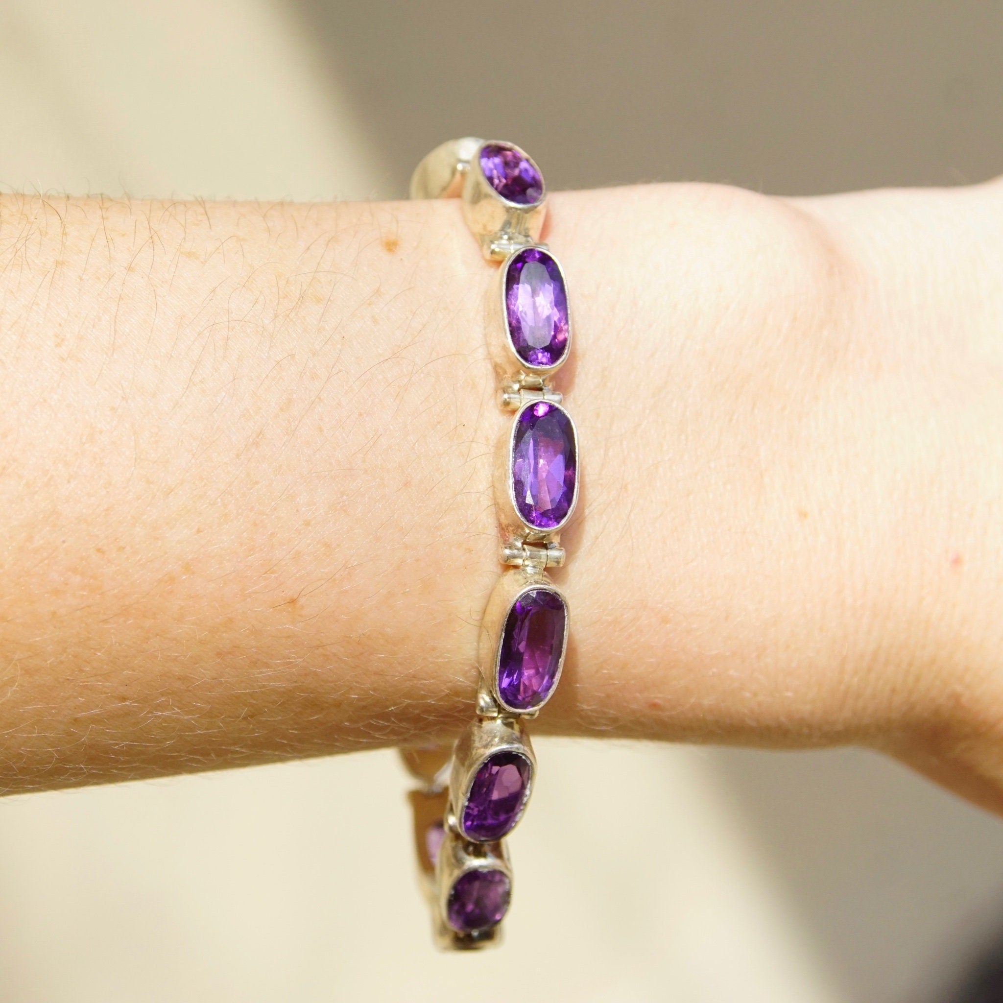 Vintage Sterling Silver Amethyst Tennis Bracelet, Oval Cut Amethyst Stones, Bezel Set Gemstone Bracelet, Signed INDO KC 925, 8" Long