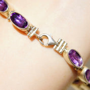 Vintage Sterling Silver Amethyst Tennis Bracelet, Oval Cut Amethyst Stones, Bezel Set Gemstone Bracelet, Signed INDO KC 925, 8" Long